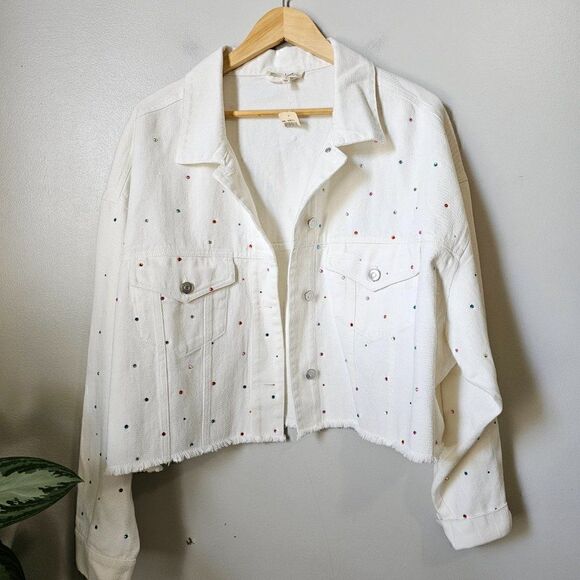 NWT PEACH LOVE WHITE DENIM CROPPED RAW HEM EMBELLISHED JACKET OVERSIZED L - Picture 1 of 16
